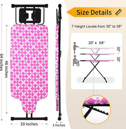 Extra Large Ironing Board with Hang Rail and Iron Rest 63" L x 20" W (Large with Iron Rest (Pink Cover))