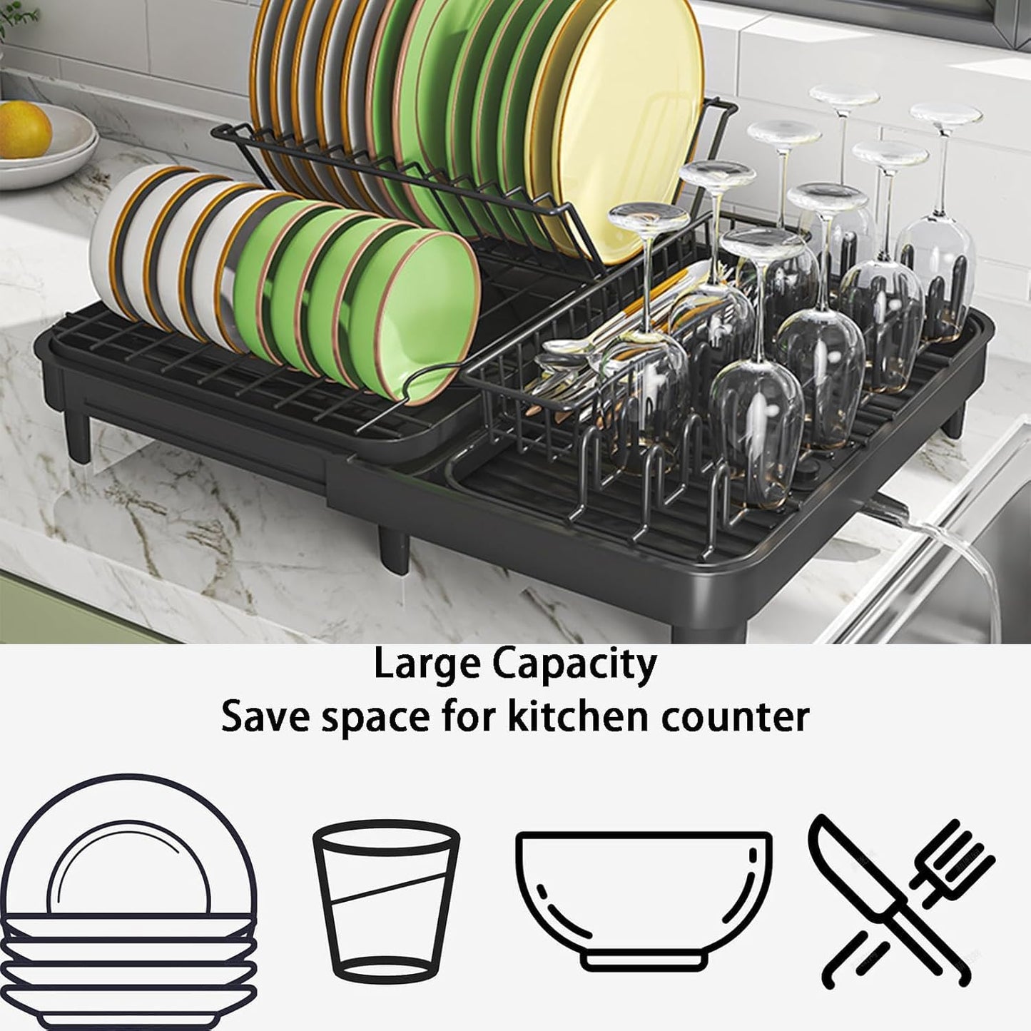 LEMIKKLE Dish Drying Rack, Large-Capacity Dish Drainer with Cutlery Holder Rotatable Water Drainer for Kitchen Counter,20.5" D x 16.1" W x 5.5" H