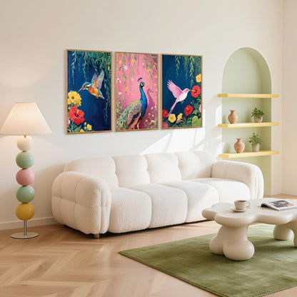 Aurlan Colorful Birds Flowers Framed Wall Art(16"x24"), 3PCS Large Classic Elegance Hummingbird Peacock Canvas Artwork, Vintage Abstract Watercolor Peony Floral Willow Decor for Home Office Bedroom