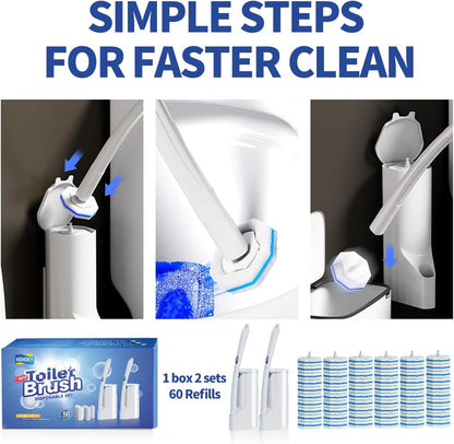 Disposable Toilet Brush Cleaning System, Two Sets of Wands and 60p Refills Pads Replacement Heads, Wall Mounted Toliet Stick Wand Starter Kit Bathroom Maintenance, Toilet Bowl Cleaner Holder