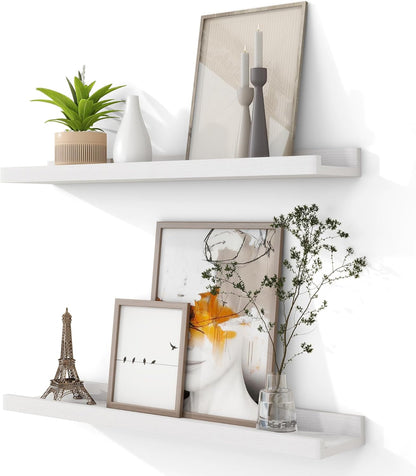 Solid Ash Wood Picture Ledge Shelf, 24 Inch Floating Shelves with Lip Set of 2, Photo Ledge Shelf Nursery Bookshelf Wall Mounted for Living Room Bedroom Decor, White