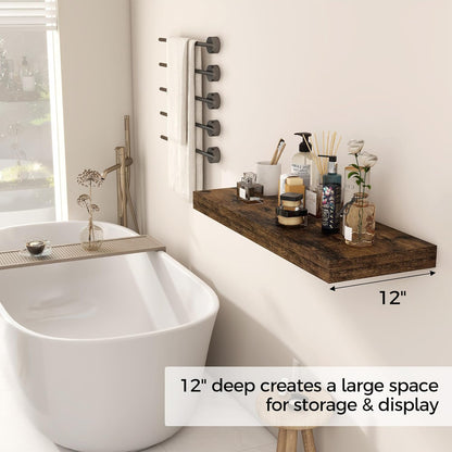 30 Inch Floating Shelves, 12 Inch Deep Floating Shelf for Wall, Rustic Deep Shelves for Books, Bathroom, Living Room, Kitchen, 30 x 12 x 2 Wood Floating Shelves, Rustic Brown Color, Set of 2