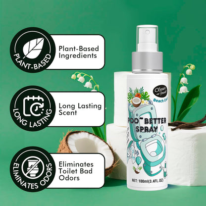 Clean-n-Fresh Toilet Spray 6.8 Fl.Oz, Poop Spray Beach Coco, Bathroom Air Fresheners Spray, Long Lasting Odor Eliminator - Coconut, Vanilla & Lily of the Valley