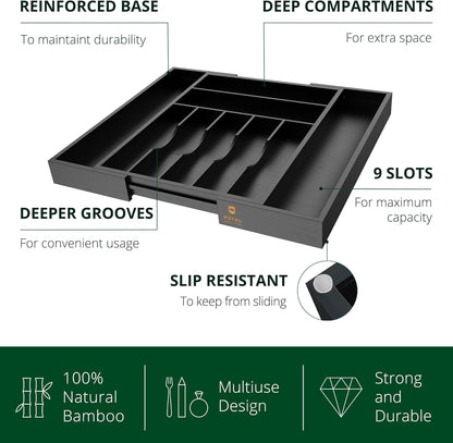 ROYAL CRAFT WOOD Luxury Bamboo Kitchen Drawer Organizer - Silverware Organizer - Utensil Holder and Cutlery Tray with Grooved Drawer Dividers for Flatware and Kitchen Utensils (9 Slot, Black)