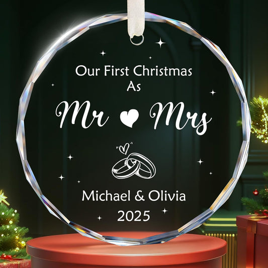 Our First Christmas As Mr & Mrs Ornament 2025, Personalized Christmas Ornaments Custom Name and Date, Customized Wedding Gifts for Couples, Bridal Shower Gifts - 1st Married Christmas Glass Ornament