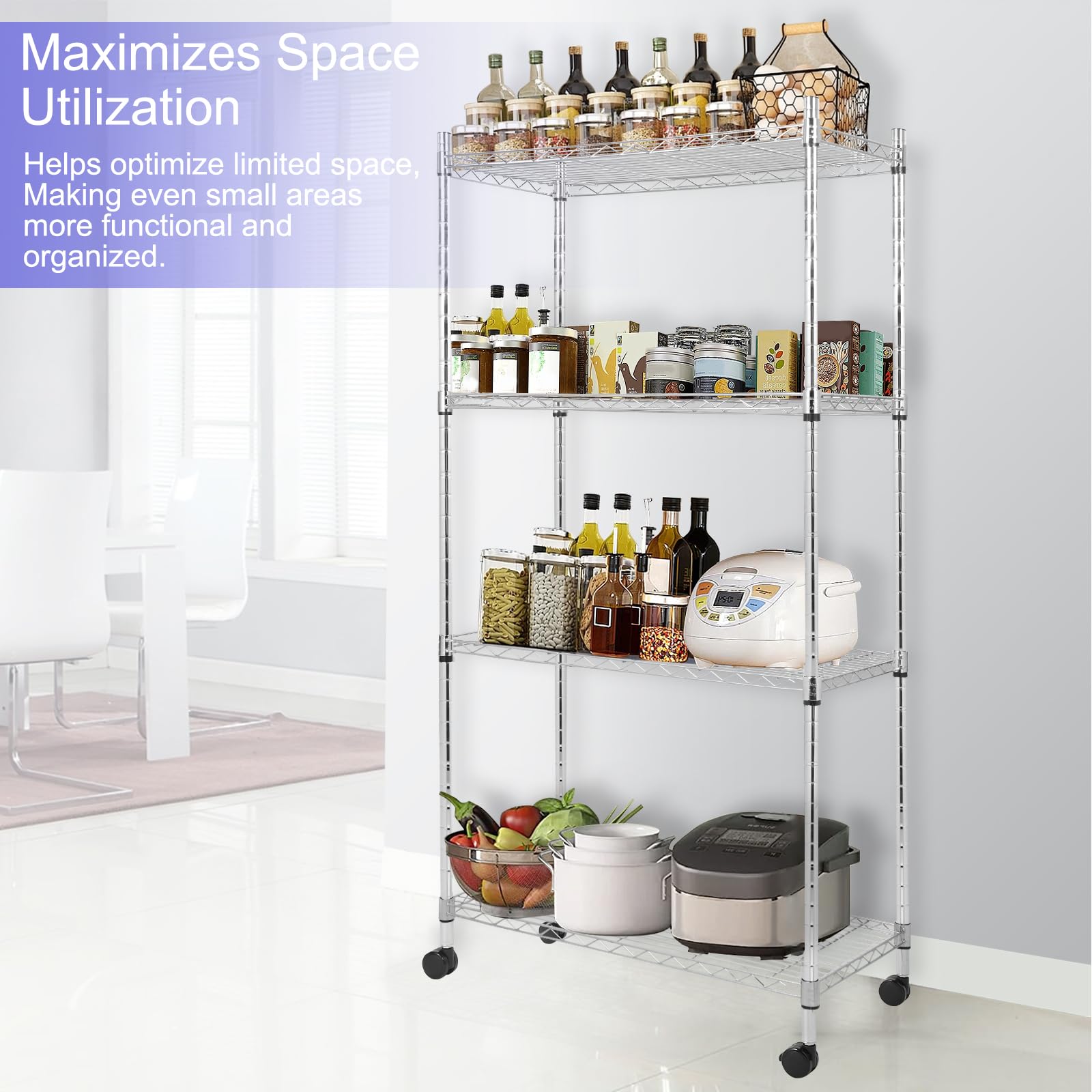 Whitmor 4 Tier Storage Shelves, Heavy Duty with Wheels, Adjustable Steel Organizer Wire Rack, 400