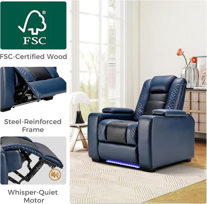 ANJ Power Home Theater Seating Set of 3, Blue Faux Leather Electric Recliner Chair with Powered Headrest, Dual Motors Movie Reclining Chairs with LED Lights,USB Port,Cup Holders, Hidden Arm Storage