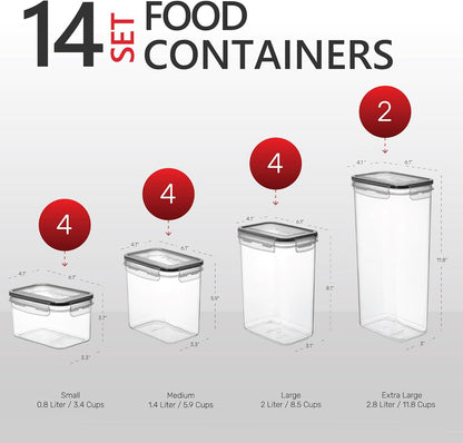 DWËLLZA KITCHEN Set of 14 Airtight Food Storage Containers for Pantry Organization and Storage - Sugar, Flour, Pasta, Spaghetti Plastic Air tight Kitchen Storage Containers With Lids, Labels & Marker