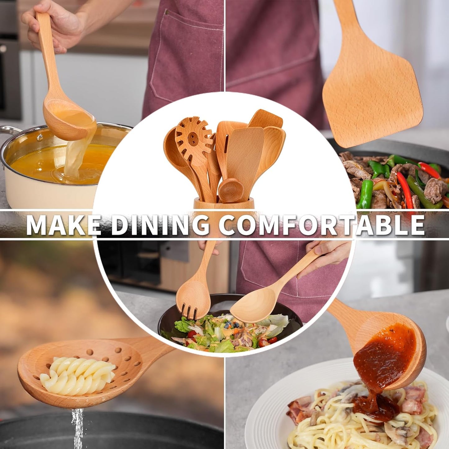 11 PCS WOSPONFAN Kitchen Utensils Set - Wooden Spoons for Cooking, Natural Beech Wood Wooden Utensils - Includes Wooden Spoons, Spatula Set, Slotted Spoon - Handmade Wooden Spoon Set