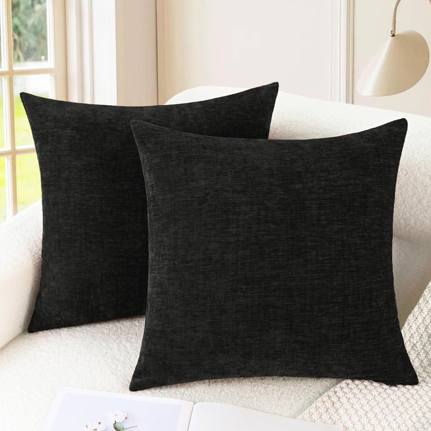 CaliTime Throw Pillow Covers Decorative 24 X 24 Inches Pack of 2 Cozy Chenille Cushion Cases for Couch Sofa Bed Living Room Home Black
