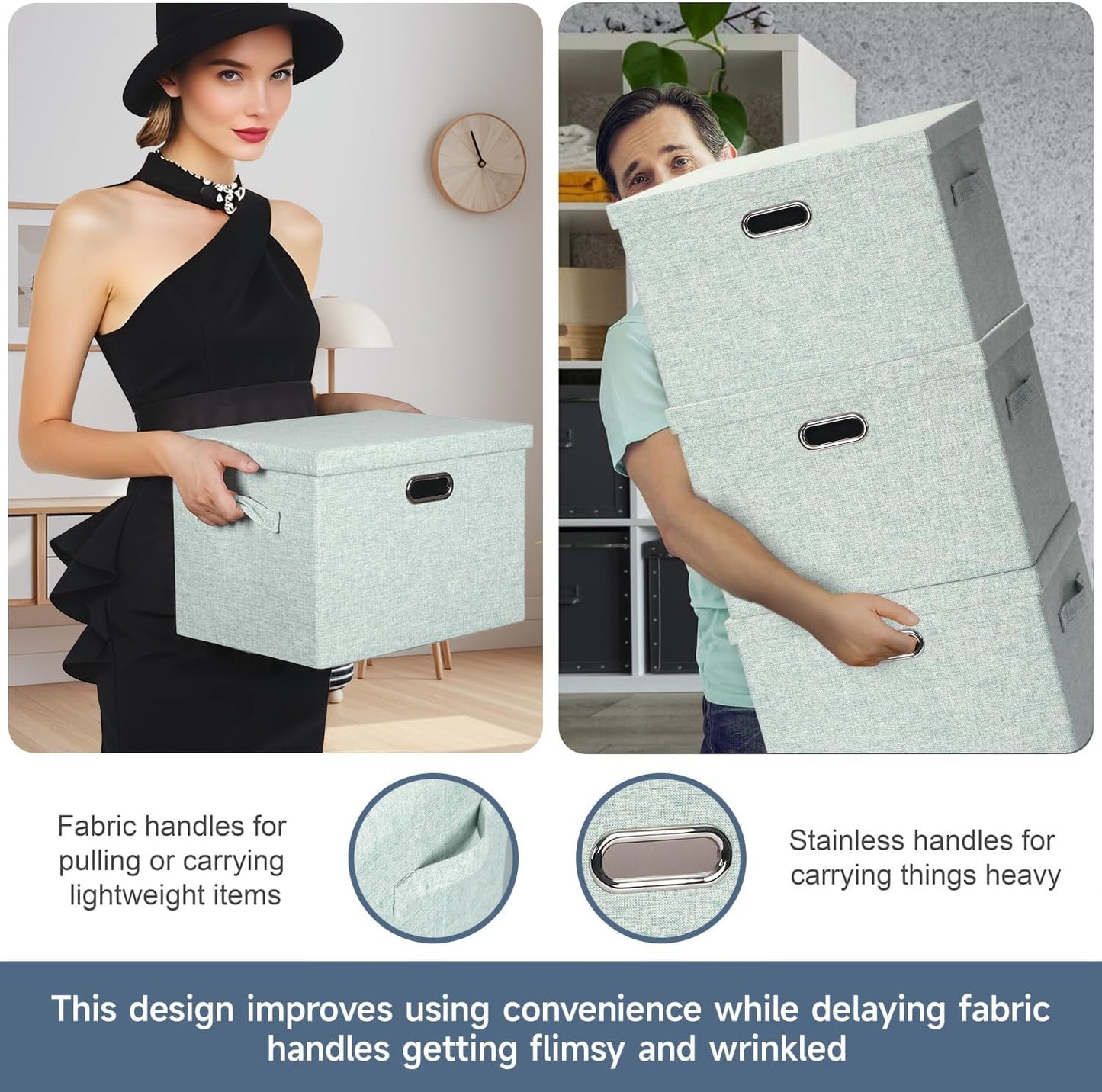 Large 17" 36 Quart Collapsible Stackable Storage Bins with Lids, 3 Packs Light Green Linen Fabric Closet Boxes with Lids, Storage Cube Baskets Container Organizers for Office (17x12x11)