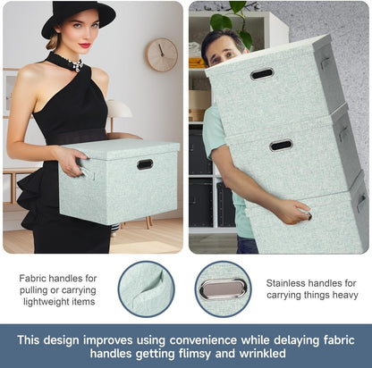 Large 17" 36 Quart Collapsible Stackable Storage Bins with Lids, 3 Packs Light Green Linen Fabric Closet Boxes with Lids, Storage Cube Baskets Container Organizers for Office (17x12x11)