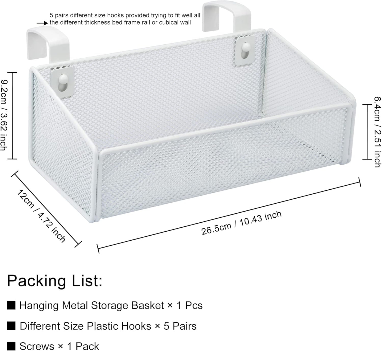 Bedside Caddy Hanging Storage Basket Beside Shelf Metal Organizer for Collage Dorm Bunk Bed,Hospital Bed,Baby Bed - Bedroom Essentials for Magazine,Remote Control,Phone,Drinks (White)