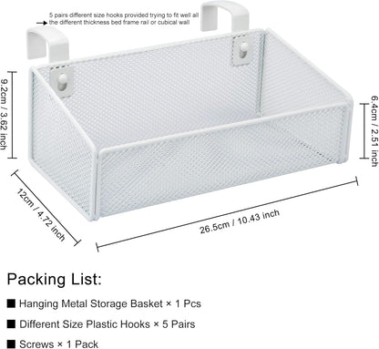 Bedside Caddy Hanging Storage Basket Beside Shelf Metal Organizer for Collage Dorm Bunk Bed,Hospital Bed,Baby Bed - Bedroom Essentials for Magazine,Remote Control,Phone,Drinks (White)