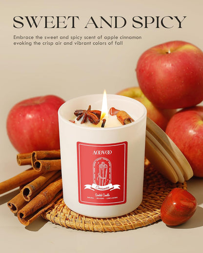 AOOVOO Apple Cinnamon Scented Candles for Women - Aromatherapy Candle with Crystals Inside, 10oz Soy Candles for Home Scented, Birthday Gifts Candle for Women Mom