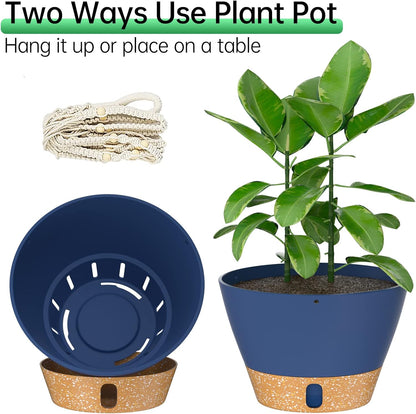 ZMTECH 2 Pack 10 Inch Blue Hanging Planters with Macrame Plant Hanger for Indoor and Outdoor Plants, Self Watering, Drainage Hole, Visible Level Tray