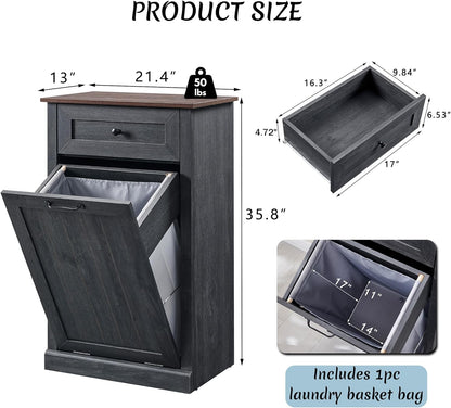 Tilt Out Laundry Hamper Cabinet, 10 Gallon Farmhouse Trash Can Cabinet with Drawer, Hidden Wood Garbage Can Bin Cabinet with Laundry Storage Basket for Bathroom, Kitchen, Dark Grey