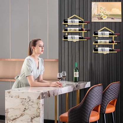 2Pcs Wall Mounted Wine Stemware Rack, Metal Hanging Wine Glass Display Holde Holds 3 Bottles, Elegant Storage for Kitchen Dining Room Bar Wine Cellar (Gold)