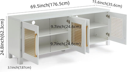 JYED Mid Century Modern TV Stand for TVs up to 75", 69.5" W White Entertainment Center with 4 Gold Metal Mesh Doors - Wood Grain MDF TV Console, Media Storage