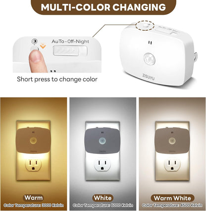 ZISUYU Plug-in LED Backlit Night Light with Motion Sensor & Dusk to Dawn Sensor, 10-60lm Dimmable Nightlight with Multi-Mode & Color-Changing, Ideal for Bedroom, Bathroom, Stairs, Hallway (6 Pack)