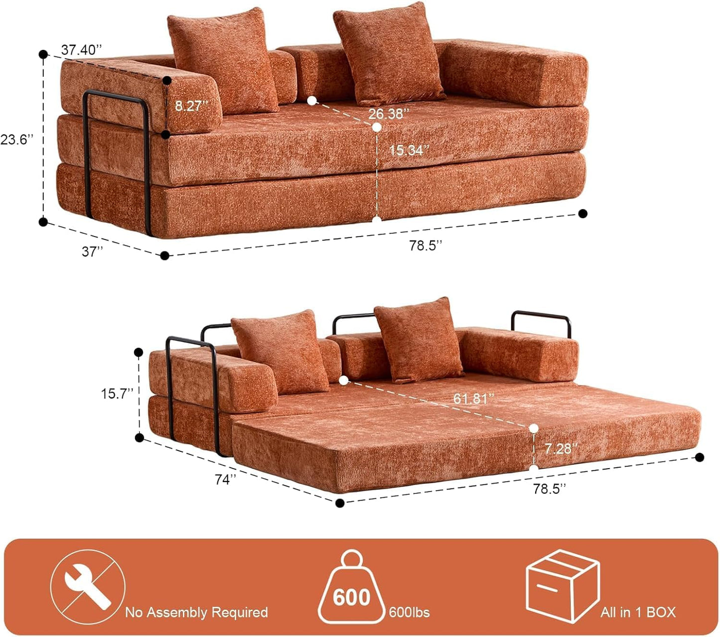 Convertible Sleeper Sofa Bed, Compression Folding Sofa with Pillow, No Assembly Required, Shape Frame, Floor Sofas Lounge Couch for Living Room, Bedroom, Small Spaces (Chenille, 77''W, Orange)