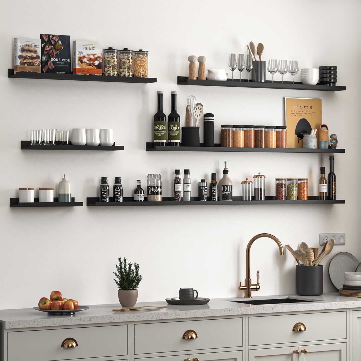 Heimlove Picture Ledge Shelf, Floating Shelves Set of 2, 48 Inches Picture Shelf for Wall with Ledge, Kids Bookshelf Wall Mounted for Living Room Bedroom Decor Books Photo Frames, Black