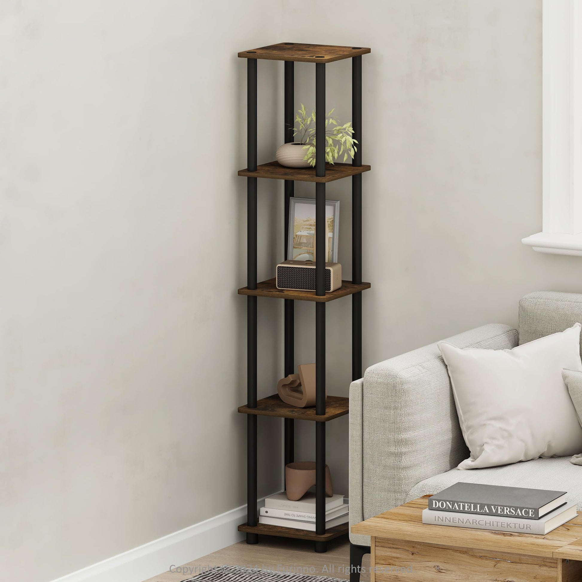 Furinno Turn-N-Tube Storage Shelves, 5-Tier Square Book Shelf, Corner Shelf, Toolless Open Shelves