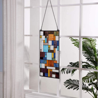 Bieye Geometric Color Block Tiffany Style Stained Glass Window Panel with Hanging Chain (13x24 inches W10024)