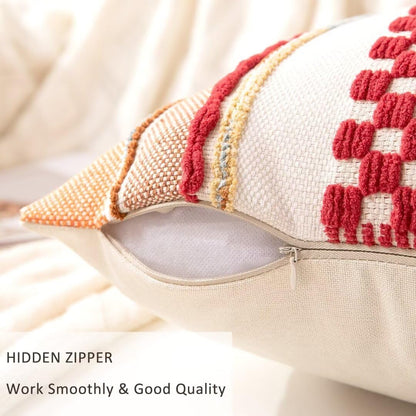 Boho Throw Pillow Covers 18x18 Set of 2 Christmas Decorative Cushion Case Striped Square Pillows Cover Chenille Pillow Cases Accent Neutral Pillowcase for Sofa Couch Bed,Red