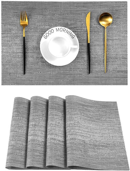 Leetaltree Grey Placemats, Heat Resistant Non-Slip Place mats for Dining Table, Washable Durable PVC Vinyl Woven Table Mats (Set of 4)