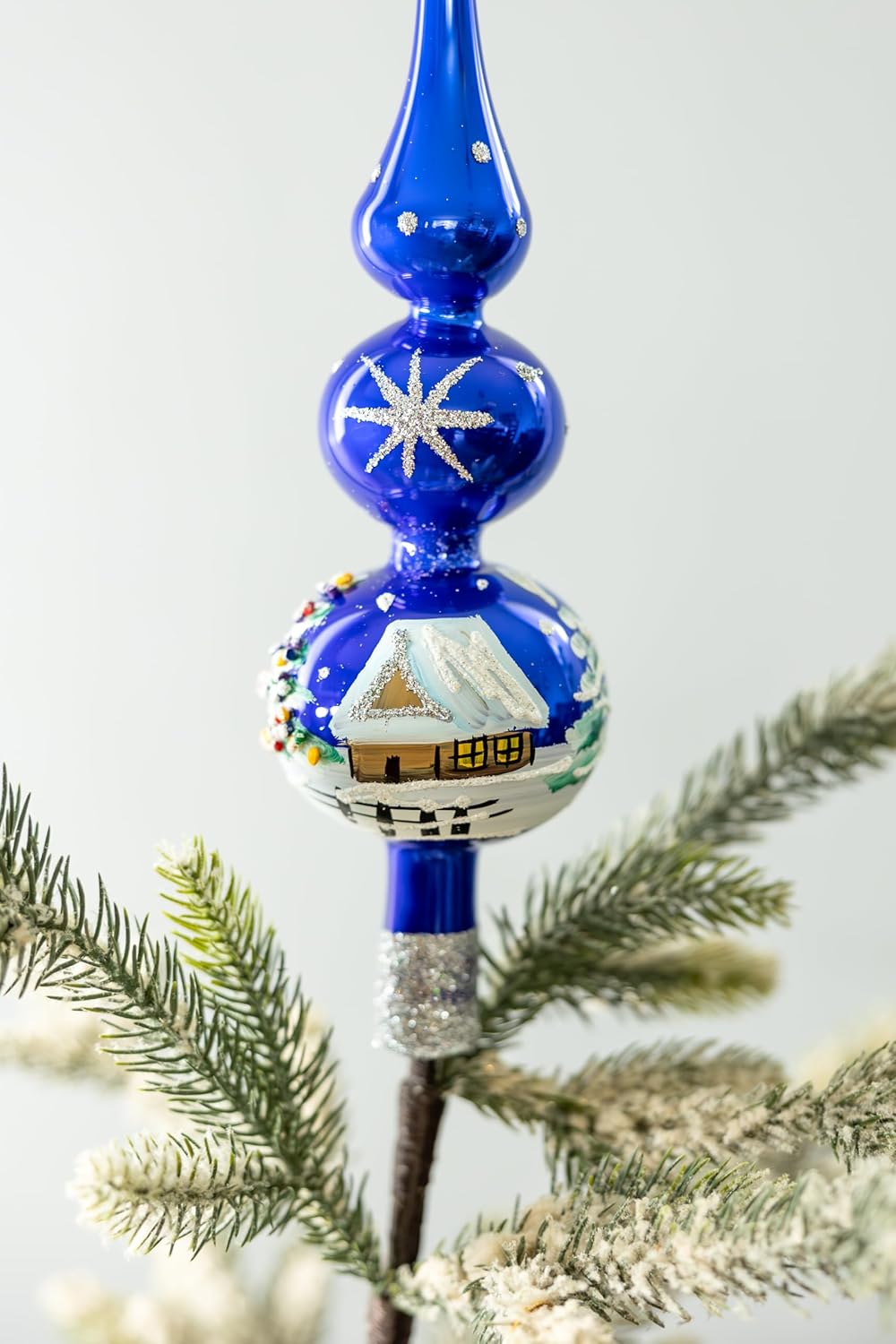 Christmas Tree Topper Spitz Glass Mouth Blown Hand-Decorated Embellishments (Midnight Blue, 12 inch)