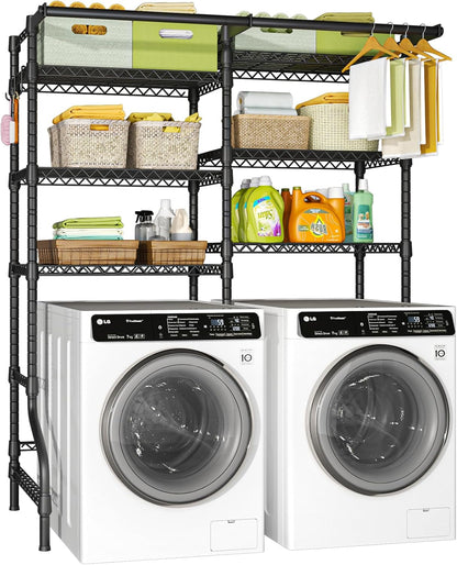 Ulif U13 Over Washer and Dryer Storage Shelves, 6 Tiers Laundry Room Standing Shelf with 2 Hanger Rods, Space Saver Clothes Drying Rack, 63.4" W x 22" D x 77.4" H, Black