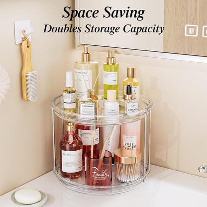 LAMU 10.6in Rotating Makeup Organizer for Vanity, 2 Tier Lazy Susan Turntable Stackable Spinning Skincare Organizer Cosmetic Perfume Tray for Bathroom Counter, Large Capacity, Clear