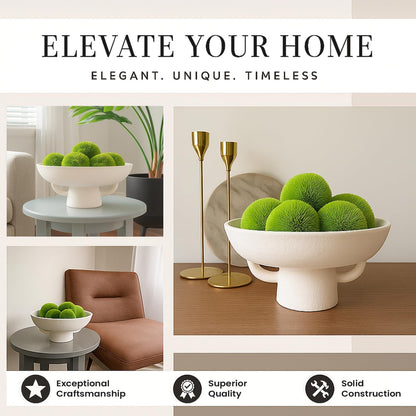 Luxurious White Textured Ceramic Bowl and Greenery Set,12.5x10.5 Inch Pedestal Decorative Bowl, with 6 Green Succulent Moss Balls, Counter Top, Farmhouse Table Centerpiece, Living Room, Kitchen Decor