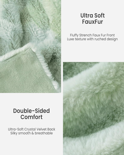 Faux Fur Blanket, Throw Blanket for Couch, Fluffy Blanket with Stretch Ruched Design, Ultra Soft Giftable Home Decor, 50x60 inches, Tie-Dyed in Sage Green