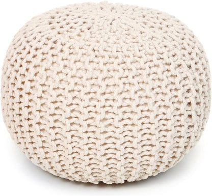 REDEARTH Round Pouf Ottoman - Cable Knitted Boho Poof - Home Décor Cord Pouffe Handmade Circular Footrest for Living Room - Bedroom - Kids Bedroom - 100% Cotton Pouf (19.5"x19.5"x14") - Natural