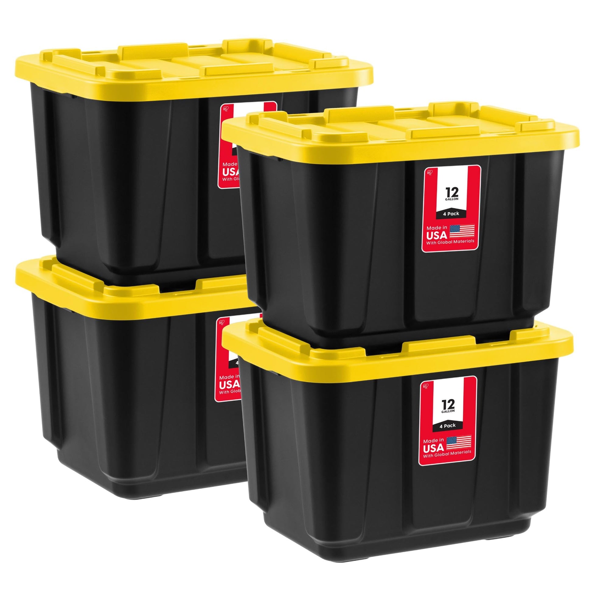 IRIS USA 4-Pack 12 Gal Heavy Duty Storage Tote Bins with Lids, Black/Yellow