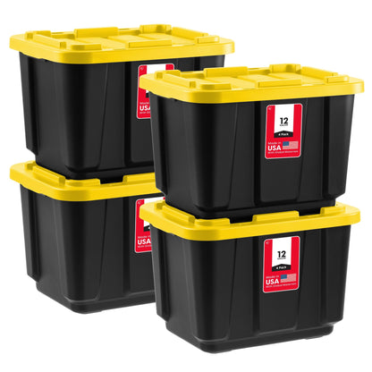 IRIS USA 4-Pack 12 Gal Heavy Duty Storage Tote Bins with Lids, Black/Yellow