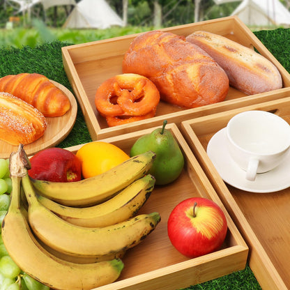 3 Pack Large Bamboo Serving Tray with Handles, 14 x 10 inch Wooden Dinner Tray, Home Kitchen Breakfast Trays for Living Room Bedroom Kitchen Dinner Table, Picnic