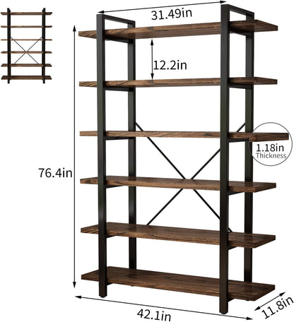 Solid Wood Bookcase and Book Shelves Wood and Metal Shelving Unit 6 Tier Bookshelf Modern Rustic Open Bookshelf Office,Distressed Brown (AY-02-6Tier)