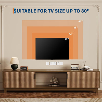 GarveeHome 70" Long TV Stand for Living Room, Mid Century Modern Entertainment Centerfor TVs Up to 80 Inches, TV Console with Fluted Doors & Open Storage Compartment for Livingroom Bedroom- Walnut