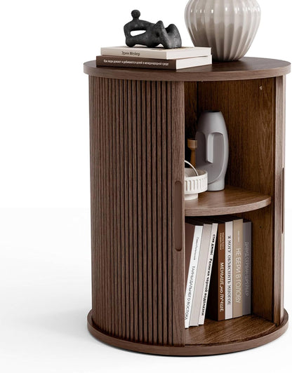 LINSY HOME Round Fluted End Table, Tall Side Table with Sliding Tambour Door and Storage Shelf, Modern Bedside Table, Mid-Century Nightstand for Living Room, Bedroom, Walnut