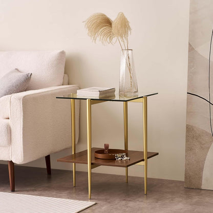 Glass End Table, Mid-Century Modern Design Sofa Table, for Living Room, 2-Tier Structure, Clear Glass Top and Walnut MDF Shelf, Sleek Conical Metal Legs with Gold Finish Frame