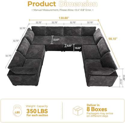 HOOOWOOO Modular Sectional Sofa,8 Pieces Sectional Couches for Living Room,131X98 L Shaped Cloud Couch with Ottoman Chaise Set(Gray Velvet Corduroy)
