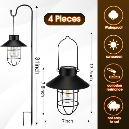 Retisee 4 Pcs Hanging Solar Light 31" Outdoor Solar Lamp Lanterns with Dual Use Shepherd Hook Waterproof Pathway Hanging Lights Metal Garden Lantern for Path Patio Yard Lawn Driveway Markers (Black)