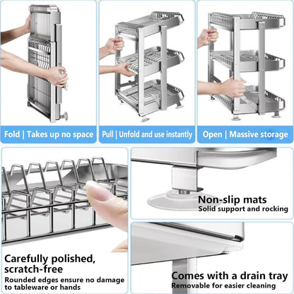 Dish Drying Rack with Drain Board - Rustproof Stainless Steel Dish Rack with Utensil Holder,Dish Racks for Kitchen Counter Over Sink,Over-Sink Drying Rack(Countertop,Second Floor)
