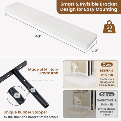 fuqing Floating Shelves for Wall, Bathroom Shelf Wall Mounted for Storage, Shelves with Invisible Bracket for Bedroom, Kitchen, Living Room, Farmhouse Small Book Shelf, 48 Inch Set of 2, White