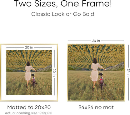 Homeforia 24x24 Gold Square Frame, High End Metal 24 x 24 Large Gold Poster Frames with Mat 20 by 20 for Photo, 24by24 Thin Picture Frame Matted to 20x20 inch Print, Tempered Glass, Wall Kit, Set of 1