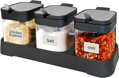 XIUDI Glass Spice Jars(3 piecesset)，Seasoning Containers with 304 Stainless Steel Lids and Spoons，Clear Glass Condiment Canisters Pots Seasoning Box Salt Container Sugar Bowl，for Kitchen,