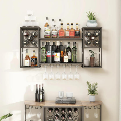 Wall Mounted Wine Rack with Glass Holder,Metal Floating Bar Liquor Shelves 2 Tier,Wine Glass Rack Multi Functional Wine Storage Display Rack for Home Bar Dining Room Kitchen